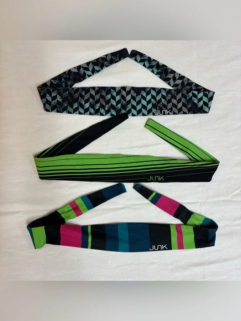 JUNK Brand Static Flex Tie Back Headband Moisture Wick USA Made LOT of 3 Bands